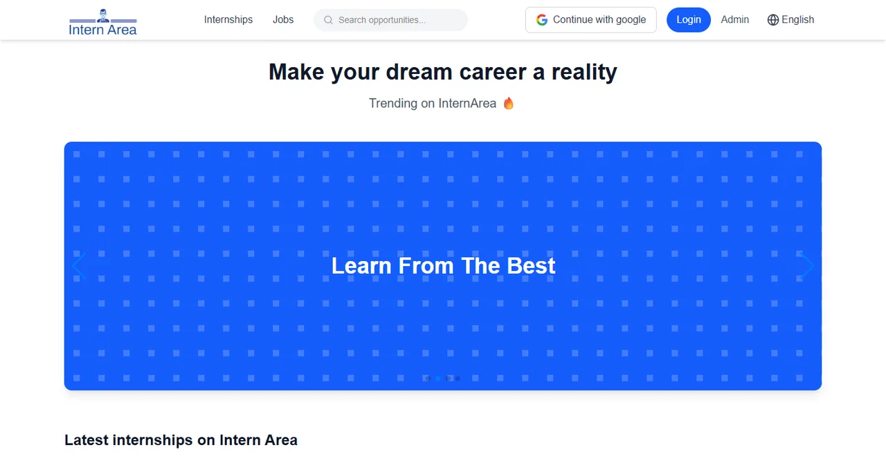 InternArea home page with internship carousel