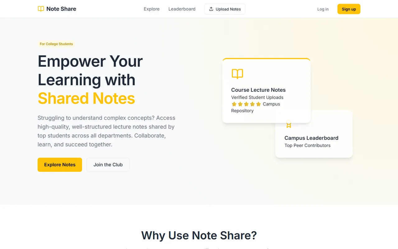 Note Share landing page — Empower your learning with shared notes
